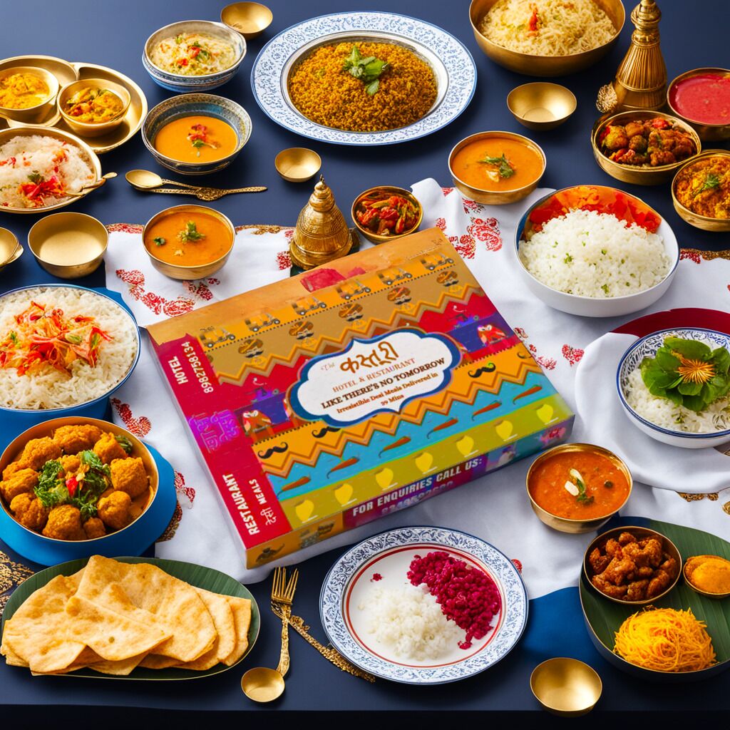 A variety of Indian dishes and a colorful brochure on a table.
