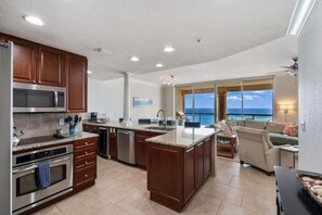 Fridge, microwave, oven, stovetop - 🏖 Waves, Views & Vacation Vibes – 3BR Beachfront + Resort Amenities (Pensacola Beach)