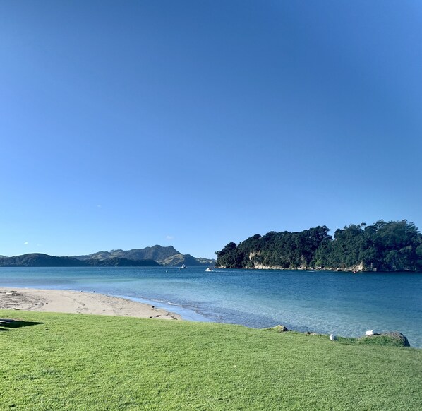 On the beach, sun-loungers, beach towels
