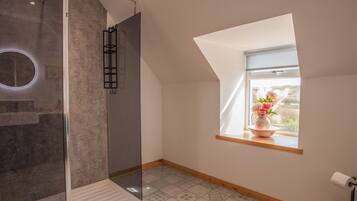 Un baño moderno con cabina de ducha de vidrio, un tragaluz y vistas al exterior.