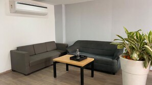 A modern living room with two grey sofas, a wooden coffee table, and a potted plant. - Red Cherry (Gurugram)