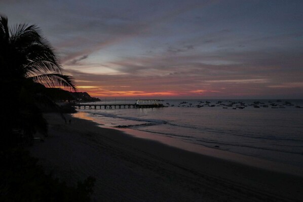 A beach with a pier extending into the water, palm trees, and a sunset.