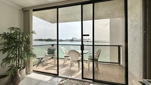 A balcony with a view of the sea, a potted plant, and a table with chairs.
