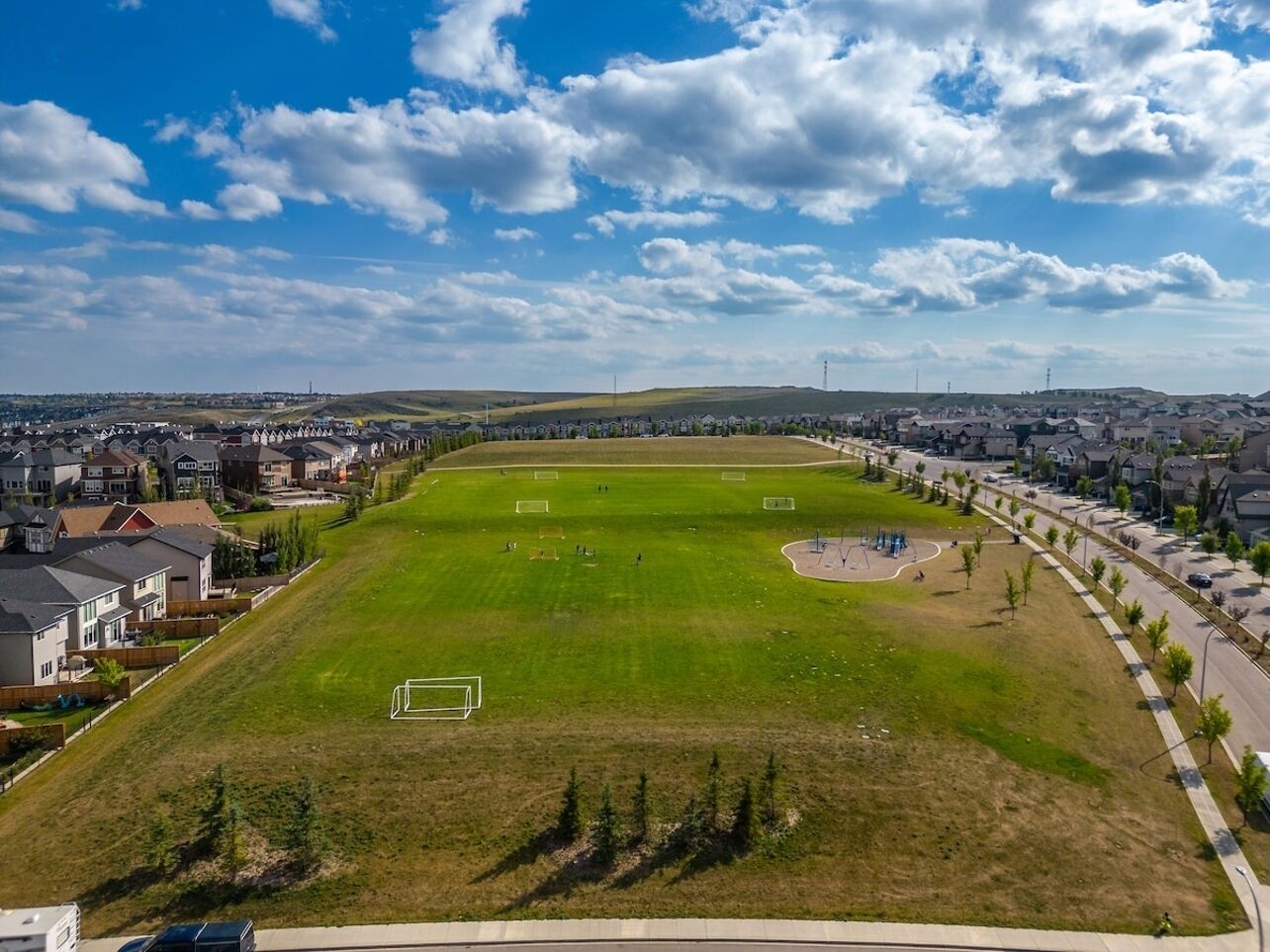 A residential area with houses, a large green field, and a road.