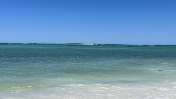 Vista despejada de una playa con aguas tranquilas y una isla distante.