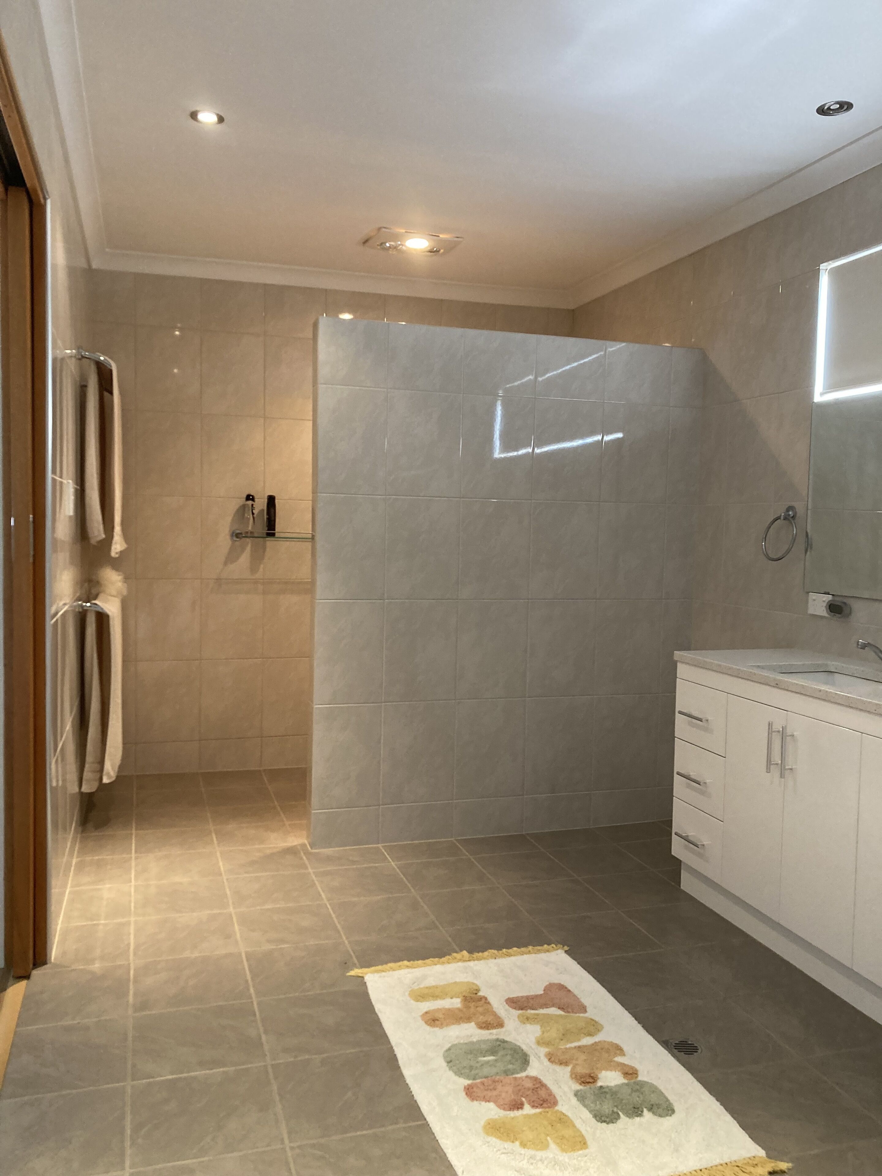 Shower, towels, soap, toilet paper