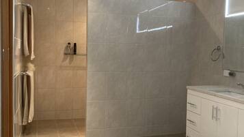 Shower, towels, soap, toilet paper