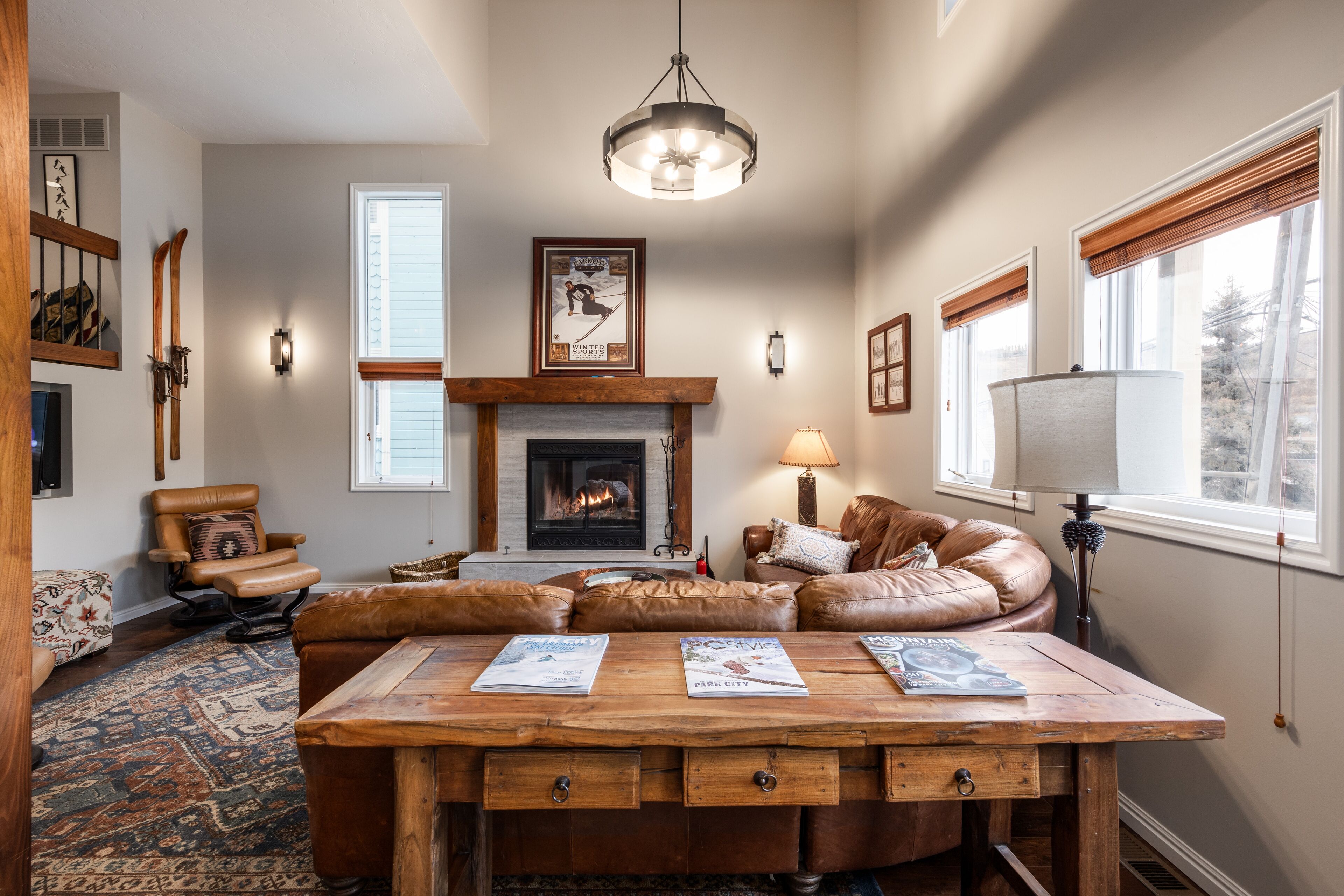 TV, fireplace, books, stereo