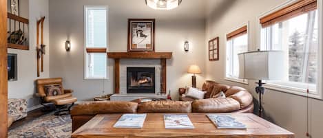 TV, fireplace, books, stereo