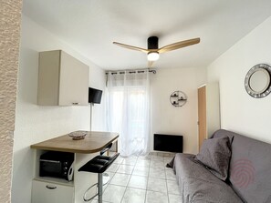 TV - Cozy Studio with Balcony, WiFi, and Pet-Friendly, 650m from Thermal Baths in Lamalou Rentals (Lamalou-les-Bains)