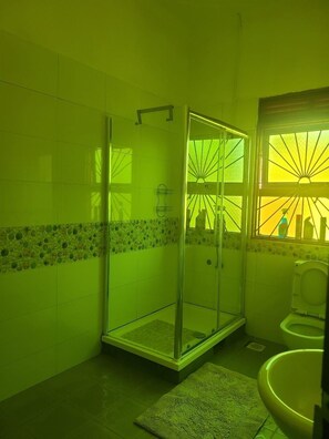 Shower, towels, soap, toilet paper