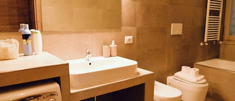 Shower, hair dryer, bidet, towels