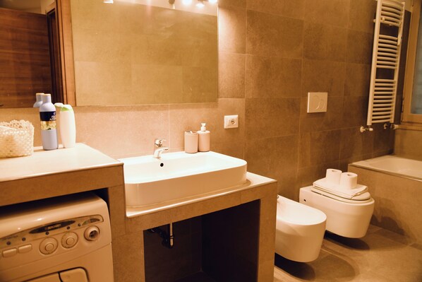 Regadera, secadora de cabello, bidet, toallas
