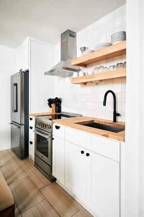 Fridge, stovetop, cookware/dishes/utensils