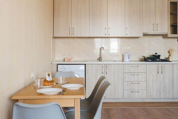 Fridge, microwave, stovetop, high chair