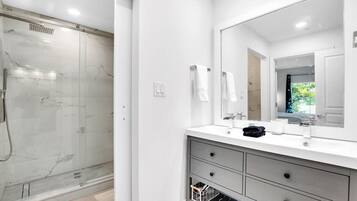 Shower, hair dryer, towels