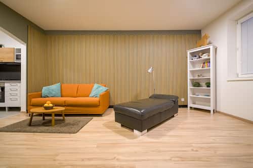 Vesna Convenient Apartment by CHORS | Living area | 102-cm flat-screen TV with satellite channels, TV
