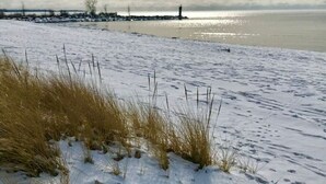 A snowy beach with footprints and sparse grass in the foreground, a calm sea in the background, and a distant lighthouse. - Spacious & Charming Century Home - Wellington (Prince Edward)