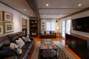 TV, fireplace, books, stereo