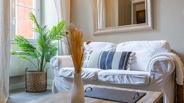 A living room with a white sofa, a wooden coffee table, a vase with dried flowers, a potted plant, and a mirror on the wall. - Elegant flat with AC, heart of Nice (Nice)