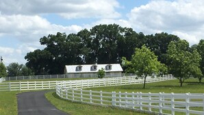 A rural road curving through a fenced property with a white building in the background. - R/V spots on working horse farm $85 per night/$850 dollars per mo (Citra)