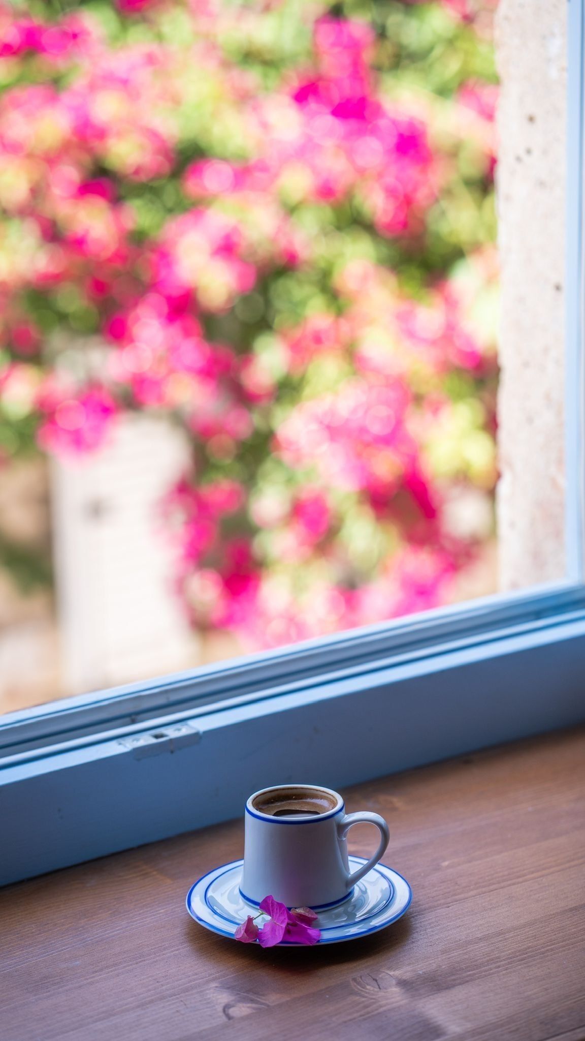 A cup of coffee on a saucer by a window with a blurred view of pink flowers outside.
