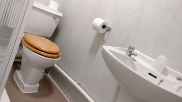 Een badkamer met een toilet, een wastafel en een toiletrolhouder.