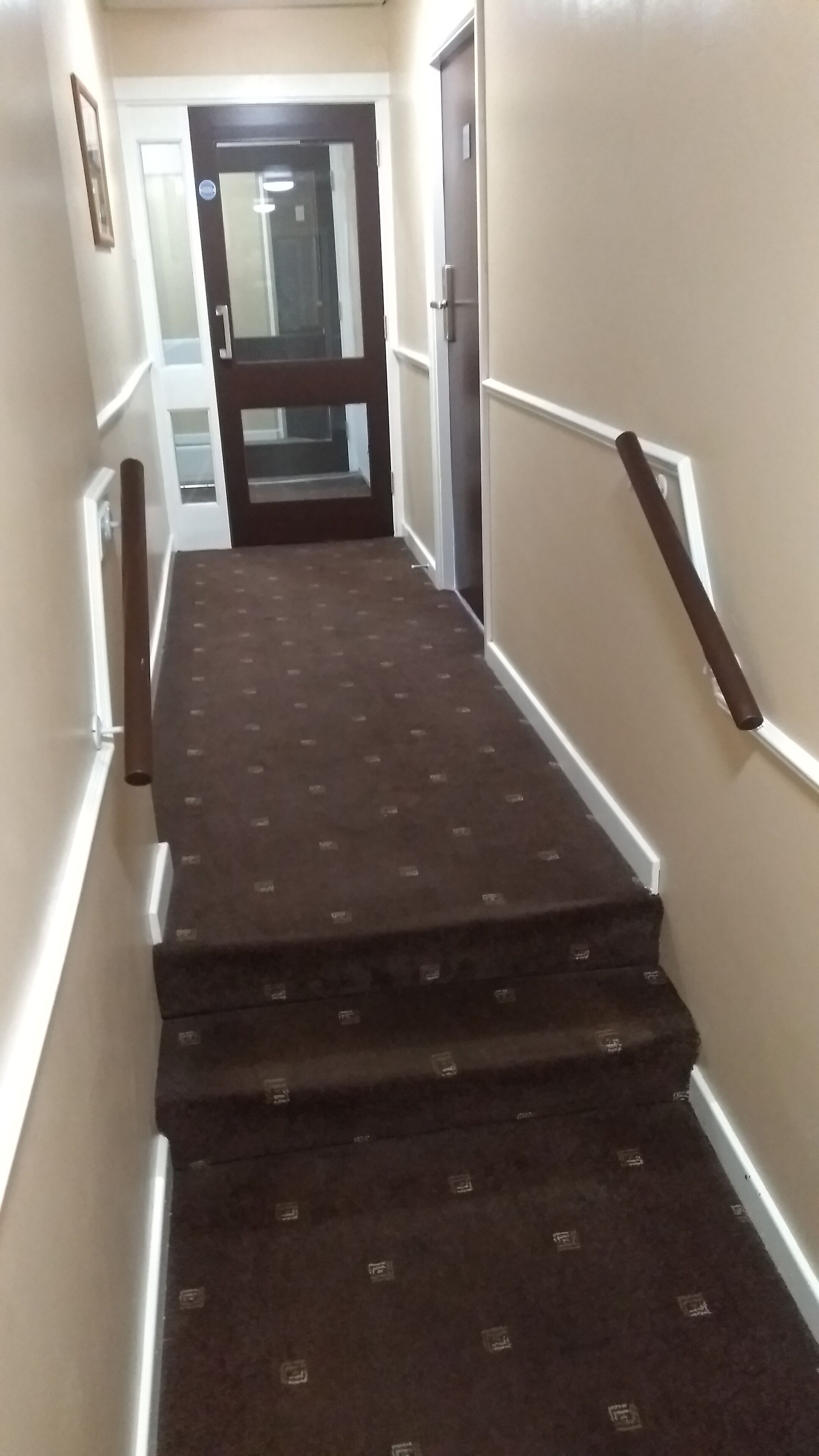 Un escalier recouvert de moquette, avec des rampes blanches et une porte en haut.