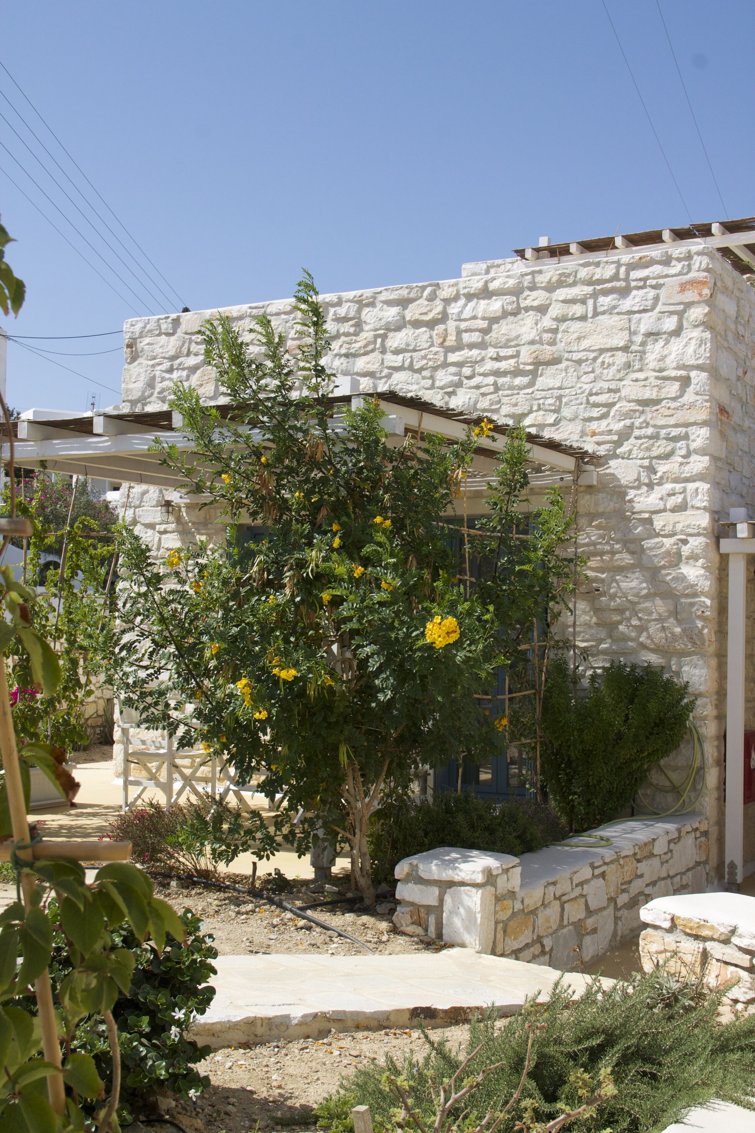 A stone building with a garden area featuring yellow flowers and a pergola.