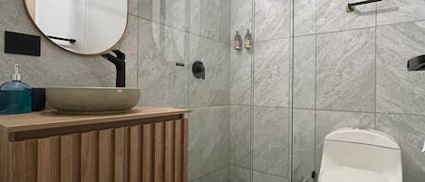 Shower, hair dryer, towels, soap