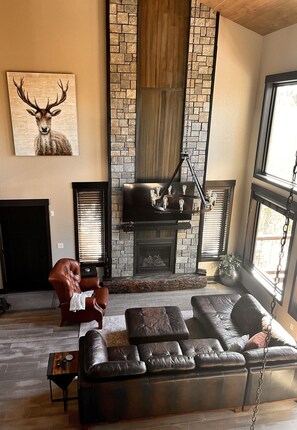 TV connectée, cheminée, livres