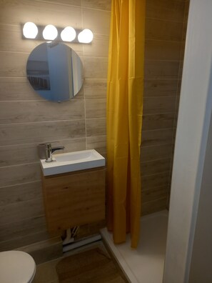 Regadera, secadora de cabello, toallas, papel de baño 