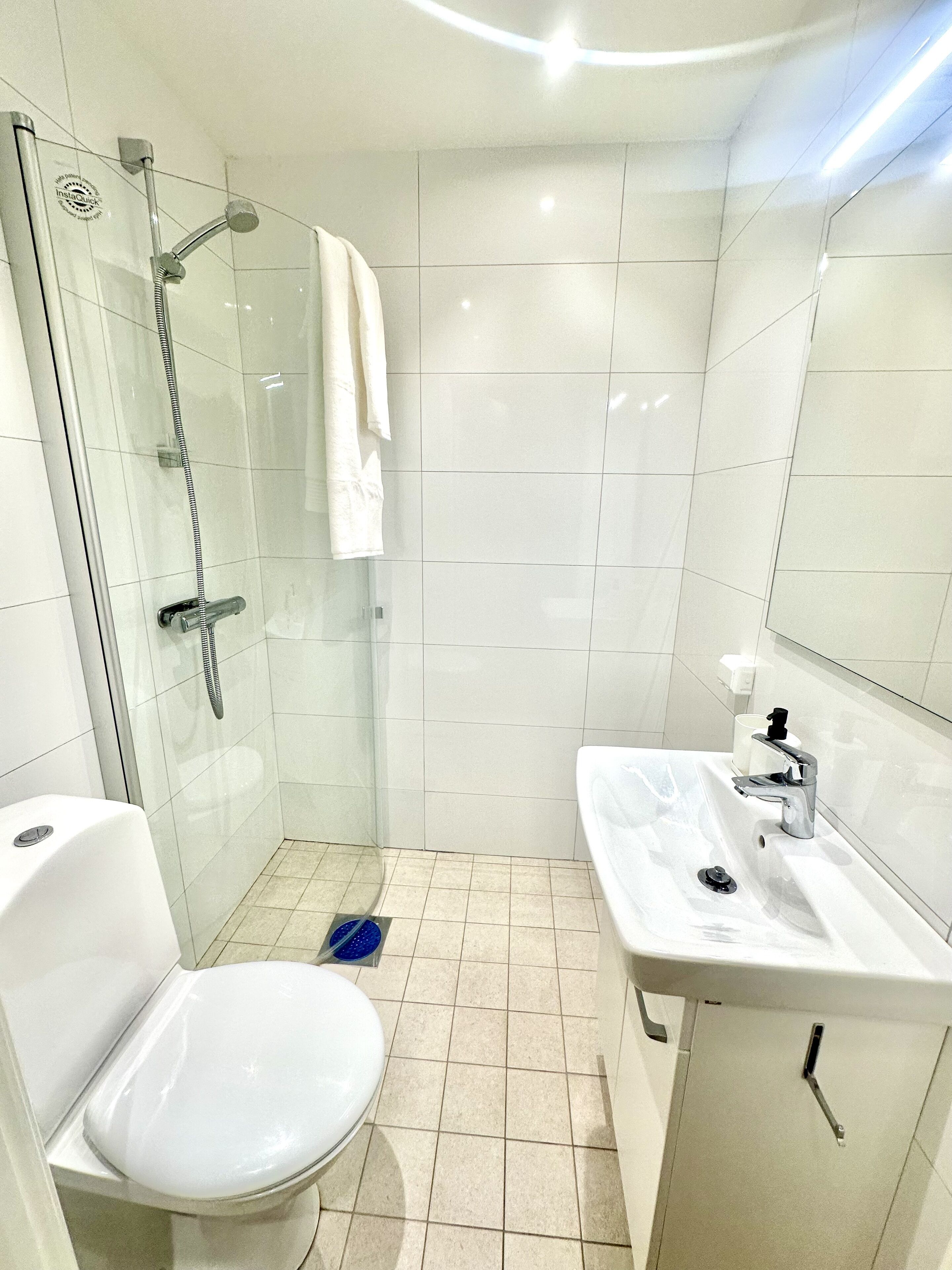 A modern bathroom with a glass-enclosed shower, a white toilet, and a sink with a mirror.