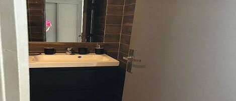 A bathroom with a large sink, dark tiles, and a mirror.