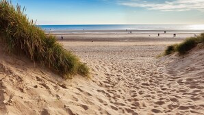 Una playa arenosa con dunas y cielo despejado.