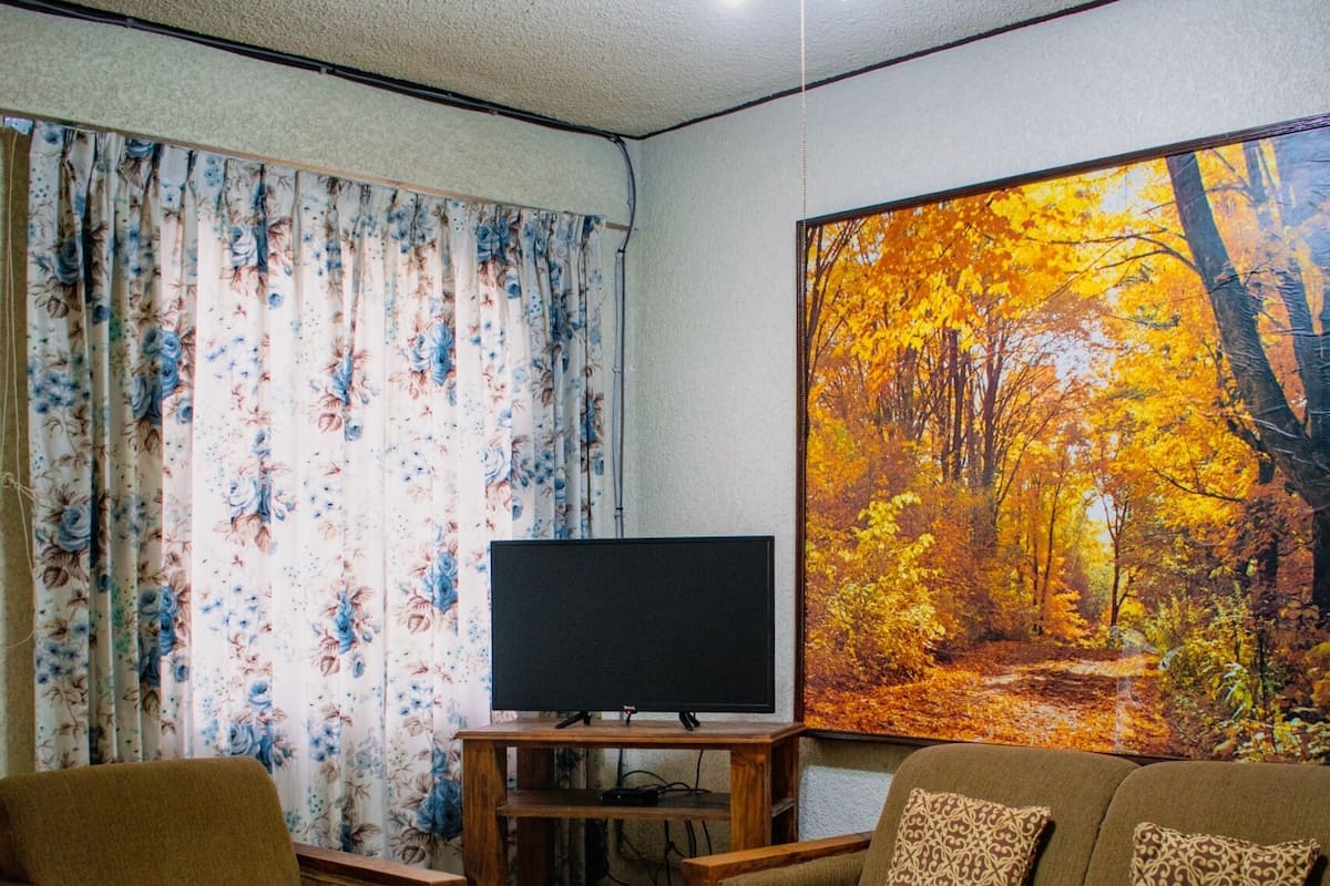A living room with a television on a wooden stand, a sofa with patterned cushions, and a large autumn forest mural on the wall.