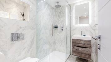 Shower, hair dryer, towels, soap