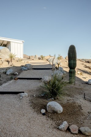 A desert landscape with a large cactus, rocks, and a white building. - Panorama House: Featured in Dwell (Yucca Valley)