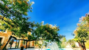 Un bain à remous entouré d’arbres et un bâtiment doté d’une façade en pierre.