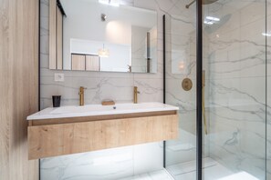 Shower, hair dryer, towels