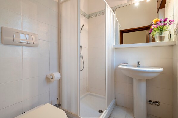 A bathroom with a shower, toilet, sink, and a mirror with a vase of flowers.