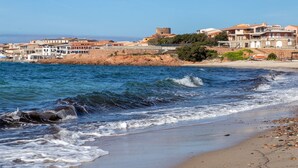 Un pueblo costero con edificios, una playa y olas.