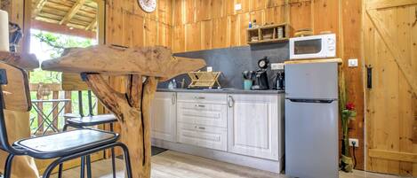 Réfrigérateur, micro-ondes, plaque de cuisson, cafetière/bouilloire