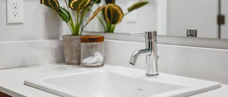 A bathroom with a white sink, chrome faucet, and a mirror above it. There is a potted plant with variegated leaves and a jar with a lid on the counter.