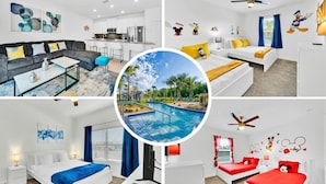 A hotel with a modern kitchen, a pool area, and multiple bedrooms with Mickey Mouse decorations.
