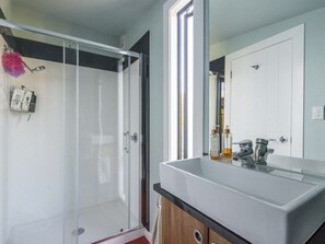 Shower, towels, toilet paper