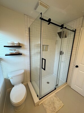 Douche, séchoir à cheveux, serviettes fournies, savon
