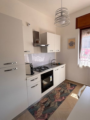 Fridge, oven, stovetop, coffee/tea maker