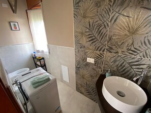 Shower, hair dryer, bidet, towels