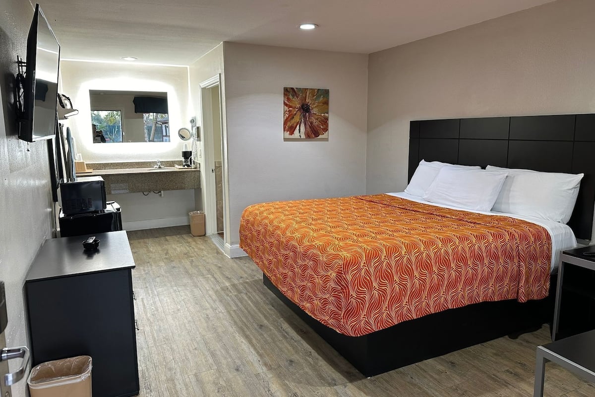 A hotel room with a bed, a desk, a mirror, a sink, and a trash bin.